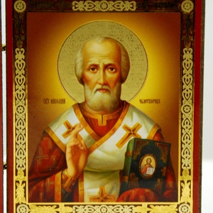 Orthodox icoon / Land van herkomst R.Tsjechisch / Drieluik icoon / Moeder van God, Verlosser, Nicolaas de Wonderwerker / Full colour reliëf / Cadeau afbeelding 5