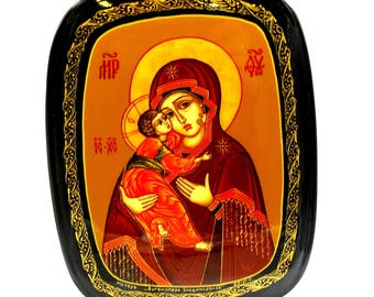 Hand-Painted / Lacquer Icon Box / Vladimirskaya Mother of God / Miniature painting / Collectible item / Jewelry box / Hand painted/ Art gift