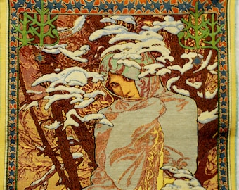 Copy Alphons Mucha / Winter / Woven tapestry / Wall tapestry / Handmade / Cotton / Jacquard woven / Gobelin / Gift/ Art nouveau / Home decor
