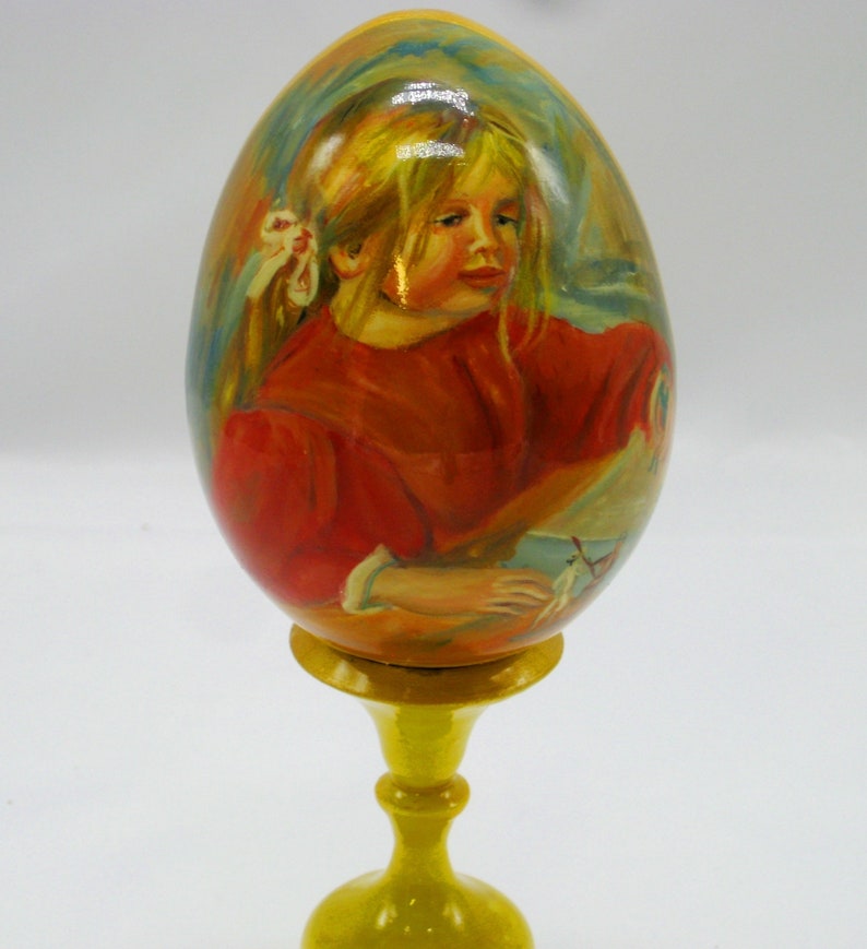 Exclusive wooden easter egg / Reproduction Claude Renoir / Playing /Coco / Collectible piece /Oil paint /For Home Decor /Art gift /Art deco image 1