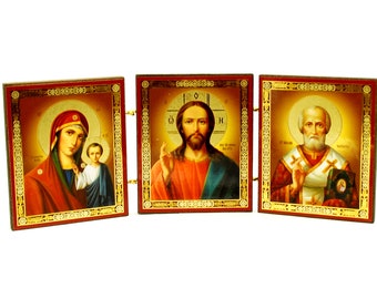 Orthodox icon / Country of origin - R.Czech / Triptych icon / Mother of God,Savior, Nicholas the Wonderworker / Full color embossing / Gift