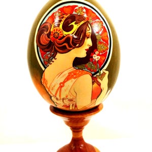 Easter Egg / Alphonse Mucha / Carnation / Wooden / Egg with a Stand / Reproduction / Collectible item / Handmade / Hand painted / Art gift