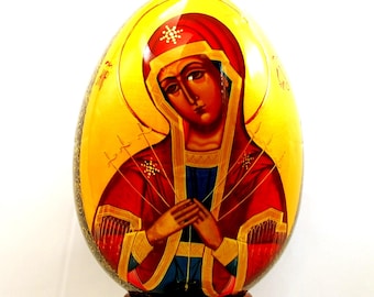 Orthodox wooden easter egg / Mother of God Seven Arrows / Collectible item / Art gift/ Oil paint / 24k gold paint / Gold leaf / Hand painted