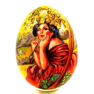 Easter Egg / Alphonse Mucha / July / Wooden / Easter Egg with a Stand / Reproduction / Collectible item / Handmade / Hand painted / Art gift
