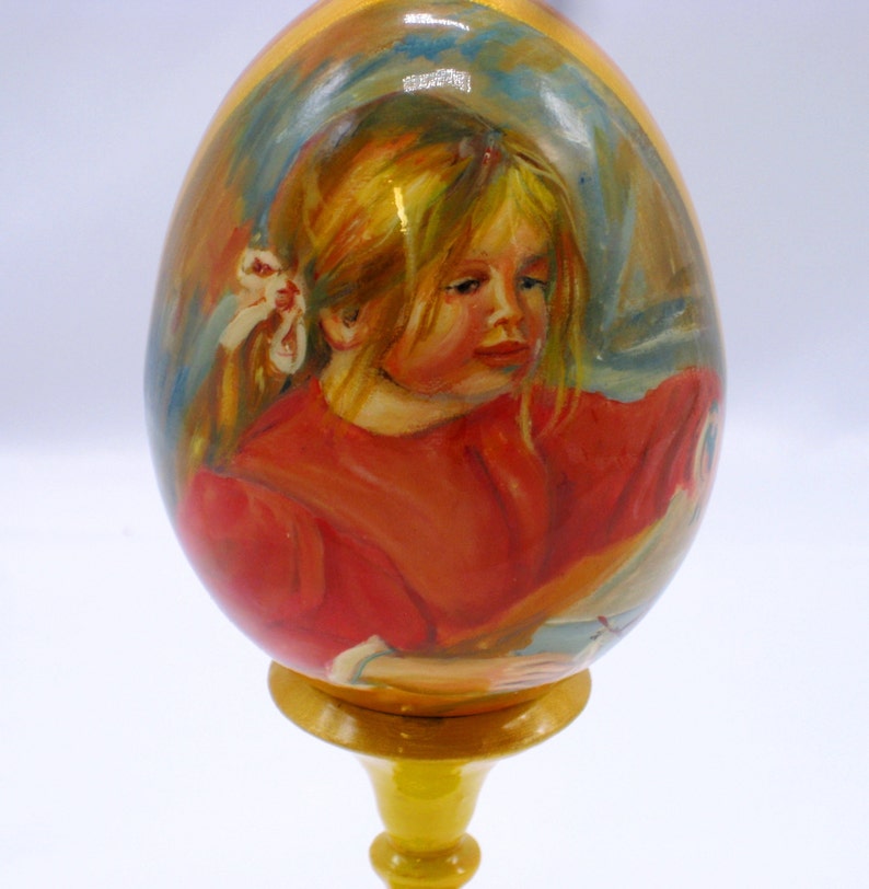 Exclusive wooden easter egg / Reproduction Claude Renoir / Playing /Coco / Collectible piece /Oil paint /For Home Decor /Art gift /Art deco image 3