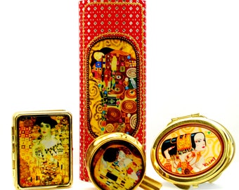 Ladies' set / Gustav Klimt / Gift for her / Case for glasses , pill box, mirror, ashtray / Metal / Copy of the painting / Nouveau / Art gift