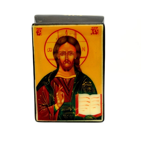 Lacguer religious box / Russian Orthodox icon / Jesus Christ / Miniature painting / Collectible piece / Jewelry box / Hand painted/ Art gift