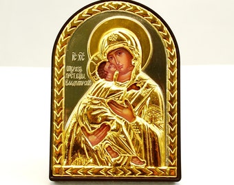 Orthodox icoon / Moeder van God - Vladimirskaya / Full-color goud en zilver dubbele reliëf / Voor home decor / Desktop icoon / Collectible