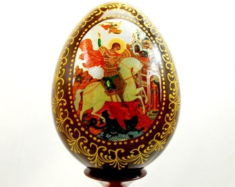 Huevo de Pascua ortodoxo de madera / Icono ortodoxo / San Jorge el Victorioso / Regalo de arte / Pan de oro / Pieza de colección / Oro y plata a todo color