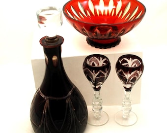 Conjunto de bebidas / Decantador Tigela de doces / Escultura em vidro / Vidro com lascas de granada / Feito à mão / Antiguidades / Para colecionar / Para decoração de mesa / Presente de arte