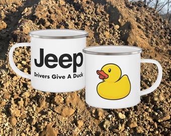 Los conductores de Jeep dan un pato: taza de camping esmaltada de 12 oz con forma de patito de goma