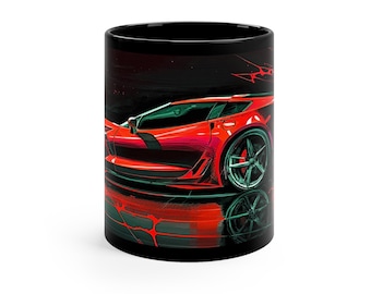Corvette C8 Art Mug - Rojo sobre negro Taza de 11 oz - Supercar, Vette, 2024 Corvette, Collector Car Mug Regalo de cumpleaños del día del padre