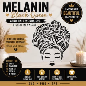 Mélanine reine noire SVG, cheveux Afro mots PNG EPS, conception de femme noire autonomisante, téléchargement numérique