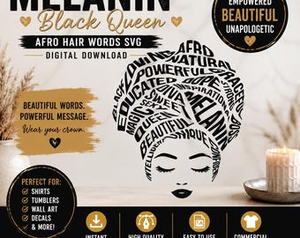Melanin Black Queen SVG, Afro Hair Words PNG EPS, Empowering Black Woman Design, Digital Download