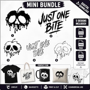 May include: A digital download bundle with five designs. The designs feature a skull-shaped apple graphic and the text "JUST ONE BITE." The designs are shown on a t-shirt, tote bag, mug, pillow, and another t-shirt. Includes SVG, PNG, and EPS files.