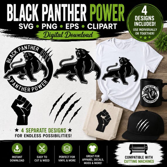 Black Panther Power SVG Bundle, Black Power PNG, Raised Fist Clipart, Panther Logo EPS, Digital Download