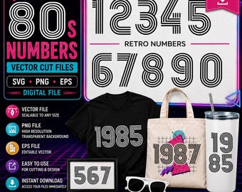 Retro 80s Numbers SVG Bundle, Number Clipart PNG EPS Vector Files