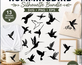 Hummingbird Silhouette Bundle SVG PNG EPS, Hummingbird Clipart, Flying Bird, Cricut Cut File, Bird Silhouette Bundle, Instant Download