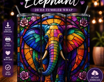 Stained Glass Elephant 20oz Tumbler Wrap, Rainbow Elephant Sublimation Design, Instant Download