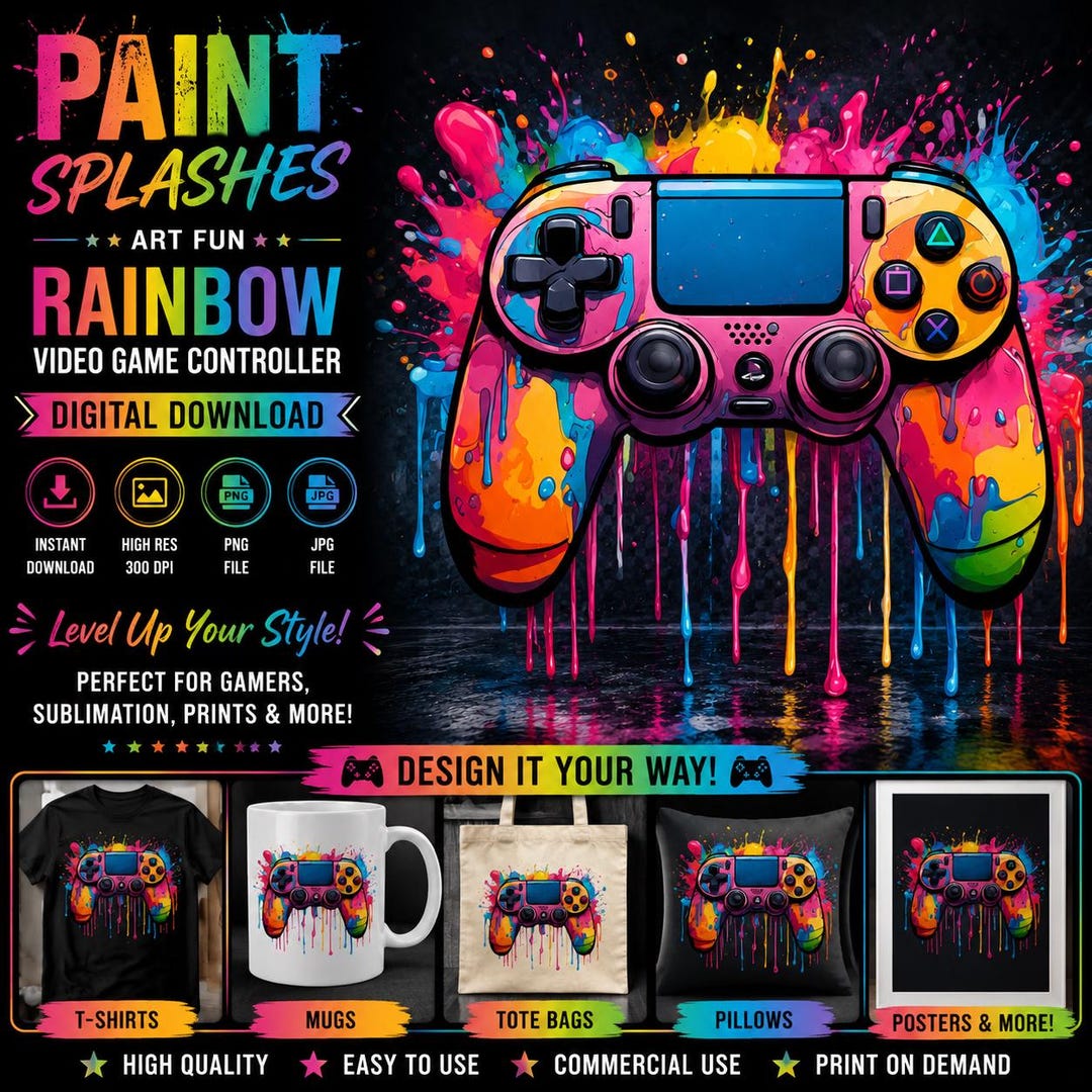Colorful Video Game Controller PNG JPG, Rainbow Gamer Clipart, Paint ...