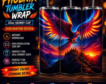 Phoenix Tumbler Wrap, Fantasy Fire Bird 20oz Skinny Tumbler Sublimation Design, Colorful Eagle JPG Digital Download