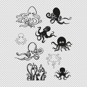 May include: A set of black and white illustrations of octopuses in various poses. Some octopuses are outlined in black, while others are filled in with black. The illustrations are on a transparent background.