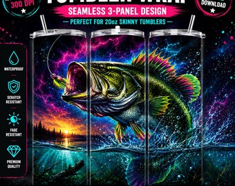 Bass Fishing Tumbler Wrap JPG, Largemouth Bass 20oz Skinny Tumbler Sublimation Design, Gift for Fisherman Digital Download