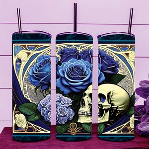 Vintage Blue Roses And Skull Skinny Tumbler Wrap 20oz Straight Cup Image - Sublimation Design, Ready To Cut Digital Download