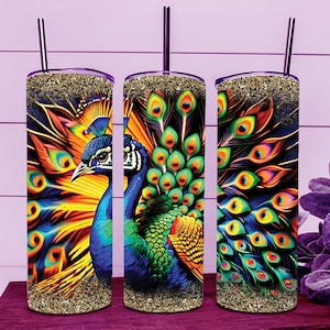 Fantasy Rainbow Bird Gold Glitter Peacock Skinny Tumbler Wrap 20oz Straight Cup Image - Sublimation Design, Ready To Cut Digital Download
