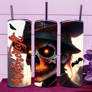 Witchcraft Scary Skull Witch With Hat Halloween Tumbler Wrap 20oz Straight Cup Image - Sublimation Design, Ready To Cut Digital Download