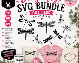 Dragonfly Bundle, Cricut Silhouette Cut Files, Dragonfly Clipart SVG PNG EPS, Dragonfly Designs for Shirts, Mugs and Decals