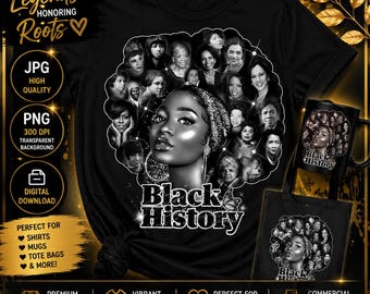 Könnte beinhalten: Ein schwarzes T-Shirt mit einem Grafikdesign, das ein zentrales Frauengesicht zeigt, umgeben von einer Collage verschiedener Porträts in Afro-Form, mit dem Text "Black History" darunter. Das Design enthält goldene Akzente und Text.