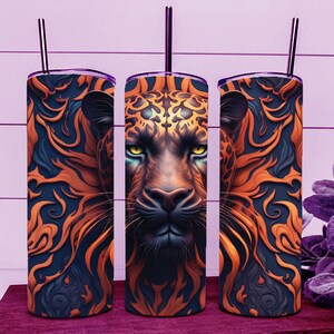 3D Animal Carved Face Flame Cat Flaming Panther Tumbler Wrap 20oz Straight Cup Image - Sublimation Design, Ready To Cut Digital Download