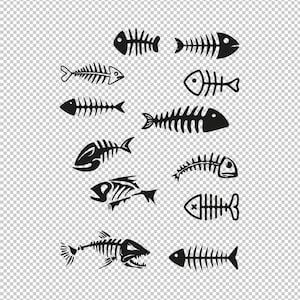 May include: A set of 10 black fish bone illustrations. The fish bones are in various poses and sizes. The illustrations are on a transparent background.