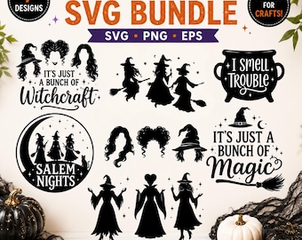 May include: A digital graphic collection titled Witchy SVG Bundle featuring seven black silhouette designs including witches, cauldrons, and text like It's Just a Bunch of Witchcraft, Salem Nights, I Smell Trouble, and It's Just a Bunch of Magic.