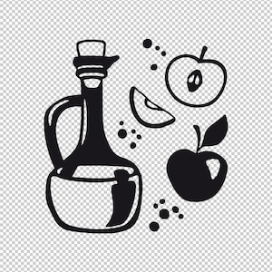 Könnte beinhalten: Eine Schwarzweißillustration einer Flasche Apfelessig mit zwei Äpfeln und einer Apfelscheibe.