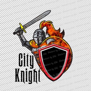 May include: A knight in armor holding a sword and shield, with flames behind him. The text "City Knight" is below the knight.