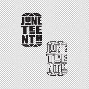 May include: Black and white graphic design with the text "Juneteenth" in a bold, blocky font. The text is surrounded by a border of triangles.