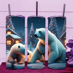 Northern Lights Snow Xmas White Bear Polar Bears Tumbler Wrap 20oz Straight Cup Image - Sublimation Design, Ready To Cut Digital Download
