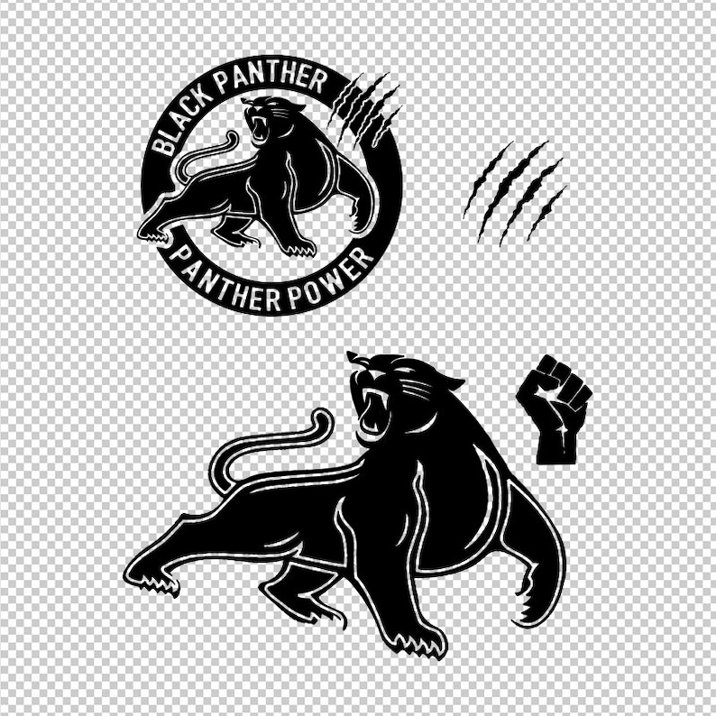 Puede incluir: Elementos de dise&ntilde;o gr&aacute;fico de pantera negra. Incluye una pantera rugiente, un dise&ntilde;o circular con el texto "Black Panther Panther Power", marcas de garras y un pu&ntilde;o en alto. Todos los elementos son en blanco y negro.