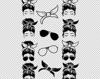 Messy Bun Sunglasses Glasses Bow Head Wrap Bandana Collection SVG, PNG, EPS - File For Cricut, Silhouette, Cut Files, Vector, Digital File