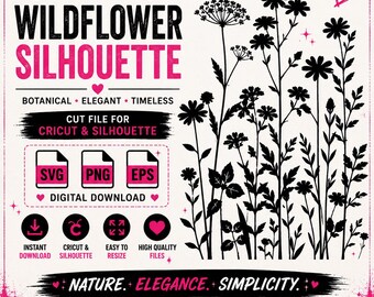 Wildflower SVG Bundle, Botanical Silhouette Cut Files, Floral PNG EPS, Minimal Flower Cricut Design, Commercial Use