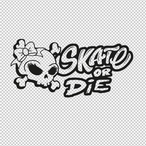 Puede incluir: Diseño gráfico en blanco y negro con una calavera con un lazo en la cabeza y el texto "SKATO OR DIE".