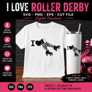 Peut inclure: T-shirt et gobelet blancs avec un graphisme noir « I Love Roller Derby ». Le motif comprend un cœur et des jambes de patins à roulettes. L'image comprend également des patins à roulettes roses.