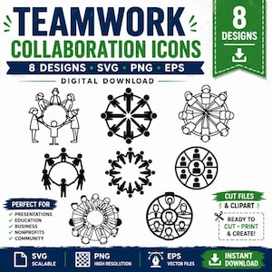 May include: Digital download of teamwork collaboration icons in SVG, PNG, and EPS formats. The image features eight designs of people holding hands in a circle. Text includes "Teamwork Collaboration Icons" and "8 Designs".