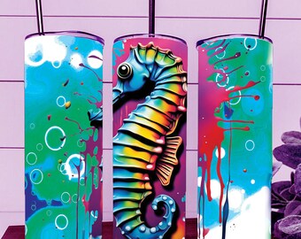 Colorful Seahorse Tumbler Wrap – 20oz Straight Cup Sublimation Design (Digital Download)