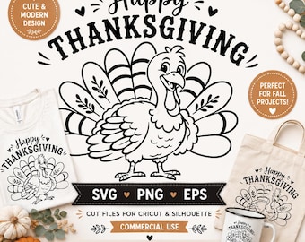Happy Thanksgiving Turkey, Thanksgiving Cut File, Cricut Silhouette SVG PNG EPS Digital Download