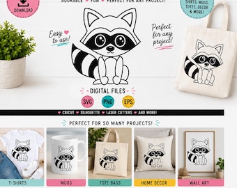 Cute Raccoon SVG PNG EPS, Kawaii Trash Panda Cut File for Cricut and Silhouette, Woodland Animal Shirt Design Digital Download