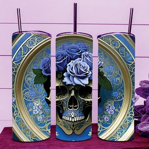 Vintage Blue Roses And Skull Skinny Tumbler Wrap 20oz Straight Cup Image - Sublimation Design, Ready To Cut Digital Download