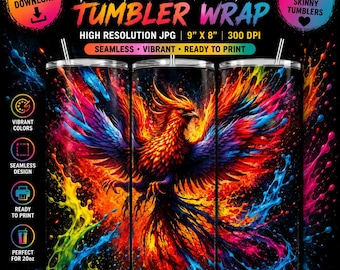 Phoenix Tumbler Wrap JPG, Fire Bird 20oz Skinny Tumbler Sublimation Design, Colorful Fantasy Digital Download
